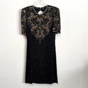Mark‎ & John Vintage Cocktail Dress M Gold Black Sequin Beaded Party Y2K Formal